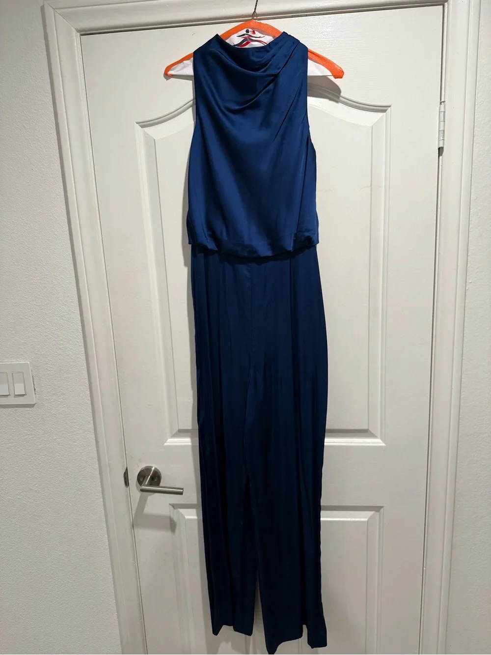 Abercrombie & Fitch Navy Satin Cowl Neck Wide Leg Jumpsuit Size S Tall